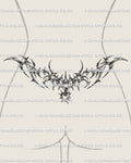 feminine cybersigilism tramp stamp tattoo stencil with chains and spiky heart displayed on lower back placement example 