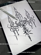 Cybersigilism chandelier candle tattoo stencil shown on iPad, gothic neo-tribal line art with ritual candle motif for sternum or chest.