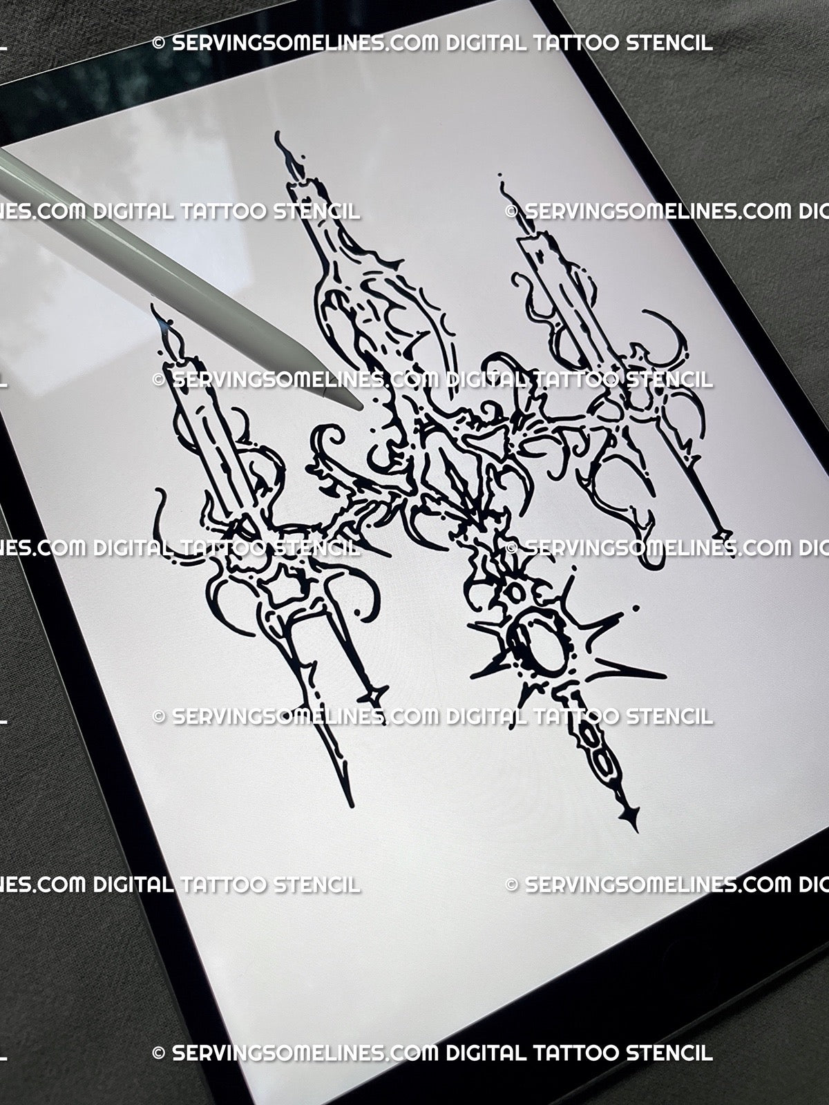 Cybersigilism chandelier candle tattoo stencil shown on iPad, gothic neo-tribal line art with ritual candle motif for sternum or chest.