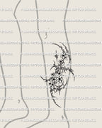 Cybersigilism cherry blossom tattoo shown on lower leg placement with a long floral silhouette and pointed cyber framing