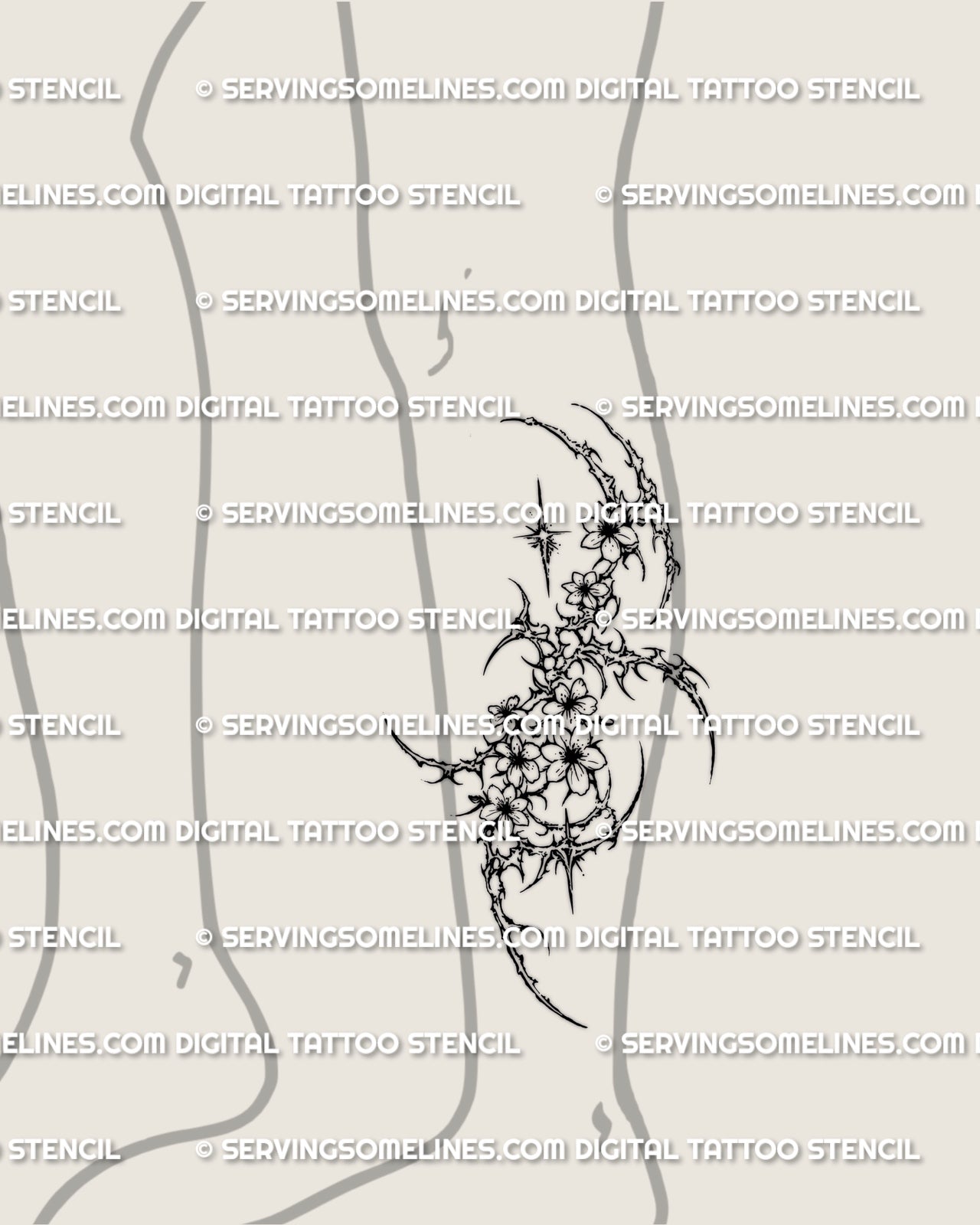 Cybersigilism cherry blossom tattoo shown on lower leg placement with a long floral silhouette and pointed cyber framing