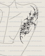 Cybersigilism cherry blossom tattoo shown on women’s arm placement with a vertical floral shape and sharp framing