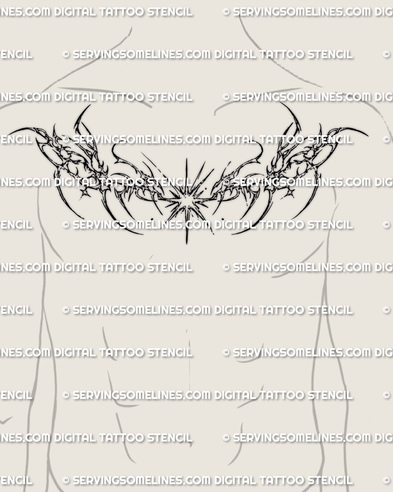 Cybersigilism chest piece star tattoo shown on men’s chest placement with a sharp star center and broad chest spread