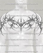 Cybersigilism chest piece tattoo stencil shown on men’s upper chest, with sharp cyber sigil linework and center drop.