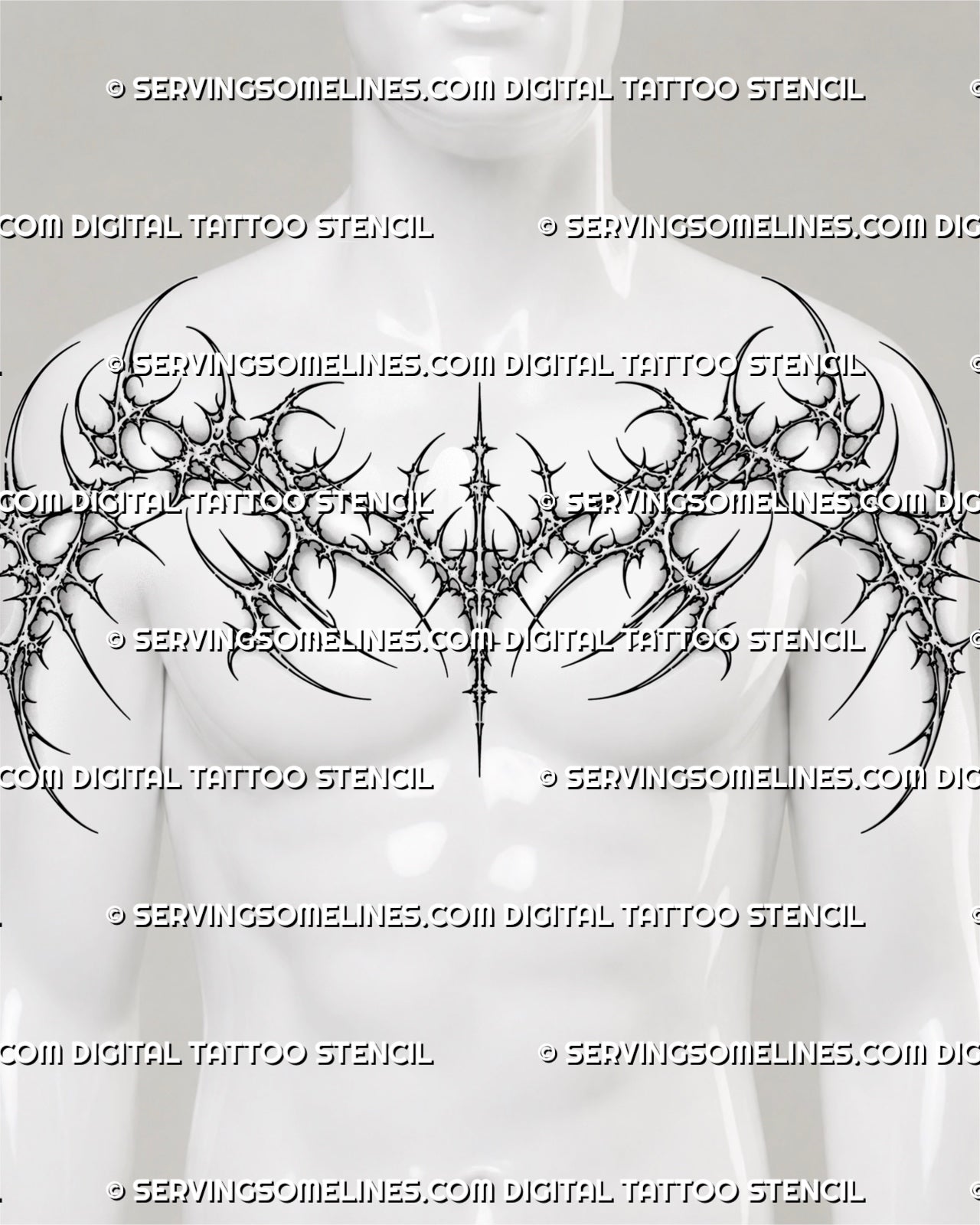 Cybersigilism chest piece tattoo stencil shown on men’s upper chest, with sharp cyber sigil linework and center drop.