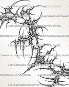 Cybersigilism chest tattoo stencil design preview with wide mirrored layout, thorn-like spikes, and sharp black linework.