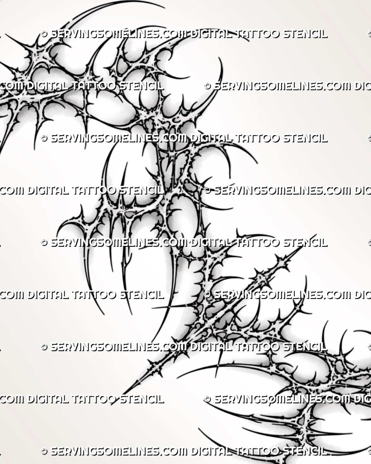 Cybersigilism chest tattoo stencil design preview with wide mirrored layout, thorn-like spikes, and sharp black linework.