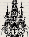 Cybersigilism church tattoo stencil design with gothic spires, cross detail, dark blackwork, and neotribal edgework.