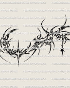 Close detail of the cybersigilism crescent moon lower back tattoo, showing the moon center, hooked framing, and sharp detail.