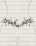 Cybersigilism crescent moon lower back tattoo shown on lower back placement, with a centered moon and hooked cyber framing.