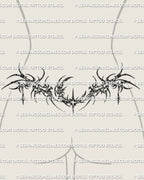 Cybersigilism crescent moon lower back tattoo shown on lower back placement, with a centered moon and hooked cyber framing.