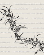 Main design view of a cybersigilism crescent moon lower back tattoo stencil, with a centered moon and sharp side structure.