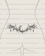 Cybersigilism crescent moon lower back tattoo shown as a tramp stamp placement, with a centered moon and dark cyber spread.