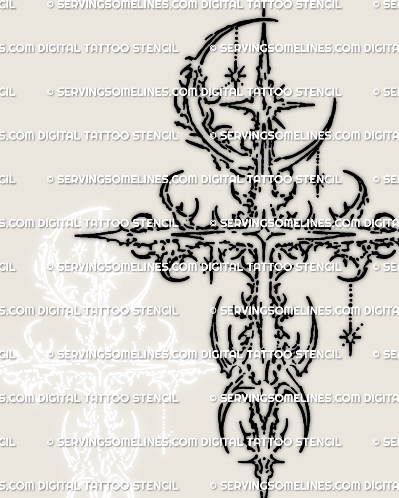 Close up of cybersigilism cross tattoo stencil showing clean linework, crescent moon details, and crisp stencil transfer quality.