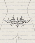 Cybersigilism cross lower back tattoo shown on female lower back placement with a centered cross and sharp waist-framing spread
