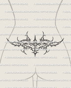 Cybersigilism cross lower back tattoo shown on female lower back placement with a centered cross and sharp waist-framing spread