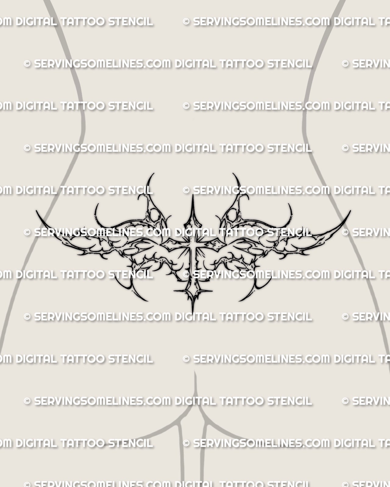 Cybersigilism cross lower back tattoo shown on female lower back placement with a centered cross and sharp waist-framing spread