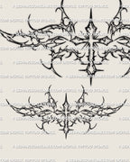 Cybersigilism cross lower back tattoo stencil design with a central cross, horizontal spread, and sharp cyber structure