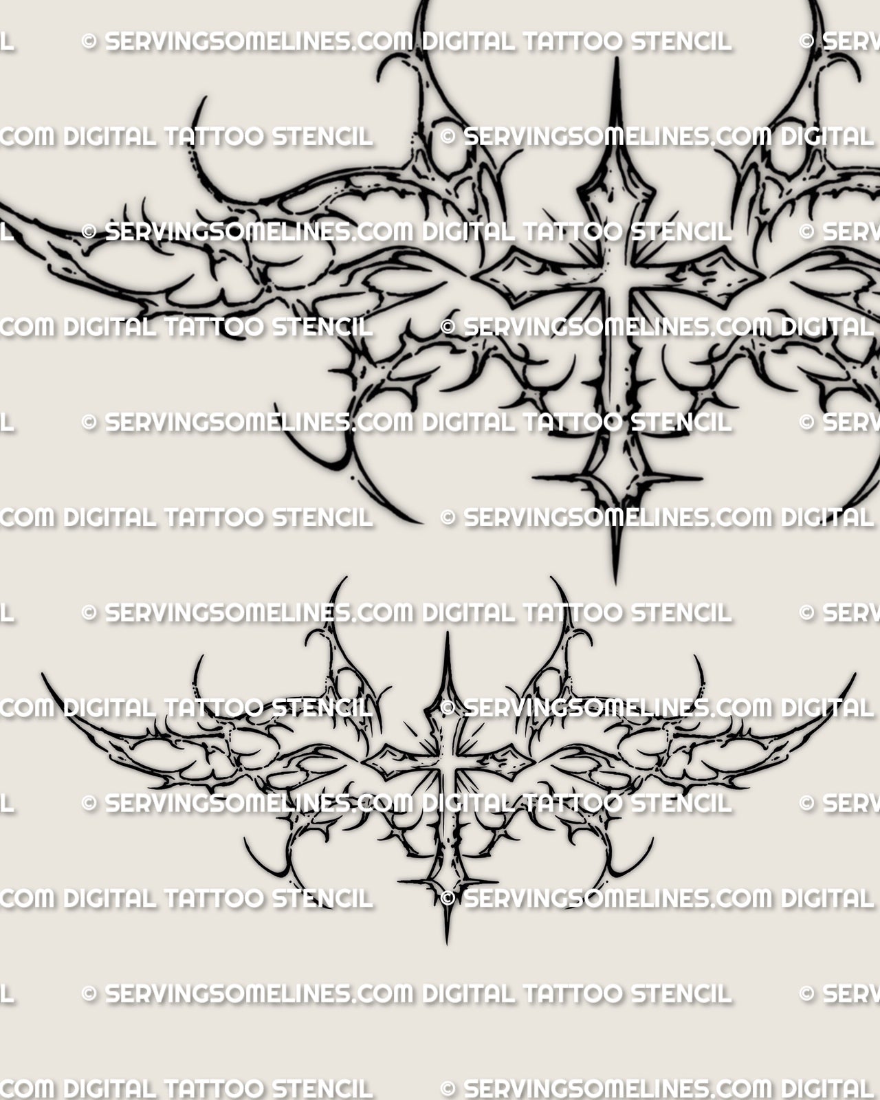 Cybersigilism cross lower back tattoo stencil design with a central cross, horizontal spread, and sharp cyber structure