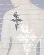 Cybersigilism cross tattoo stencil placed on men’s shoulder, vertical linework cross design built for clean stencil transfer.
