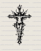 Dark fairy cross tattoo stencil, thorned blackwork cross with guardian figure, printable digital download PNG JPEG PDF.