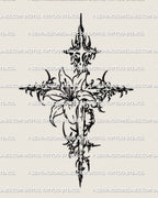 Cybersigilism cross tattoo stencil featuring a sharp sigil style cross with lily floral center, clean neotribal linework, digital tattoo design