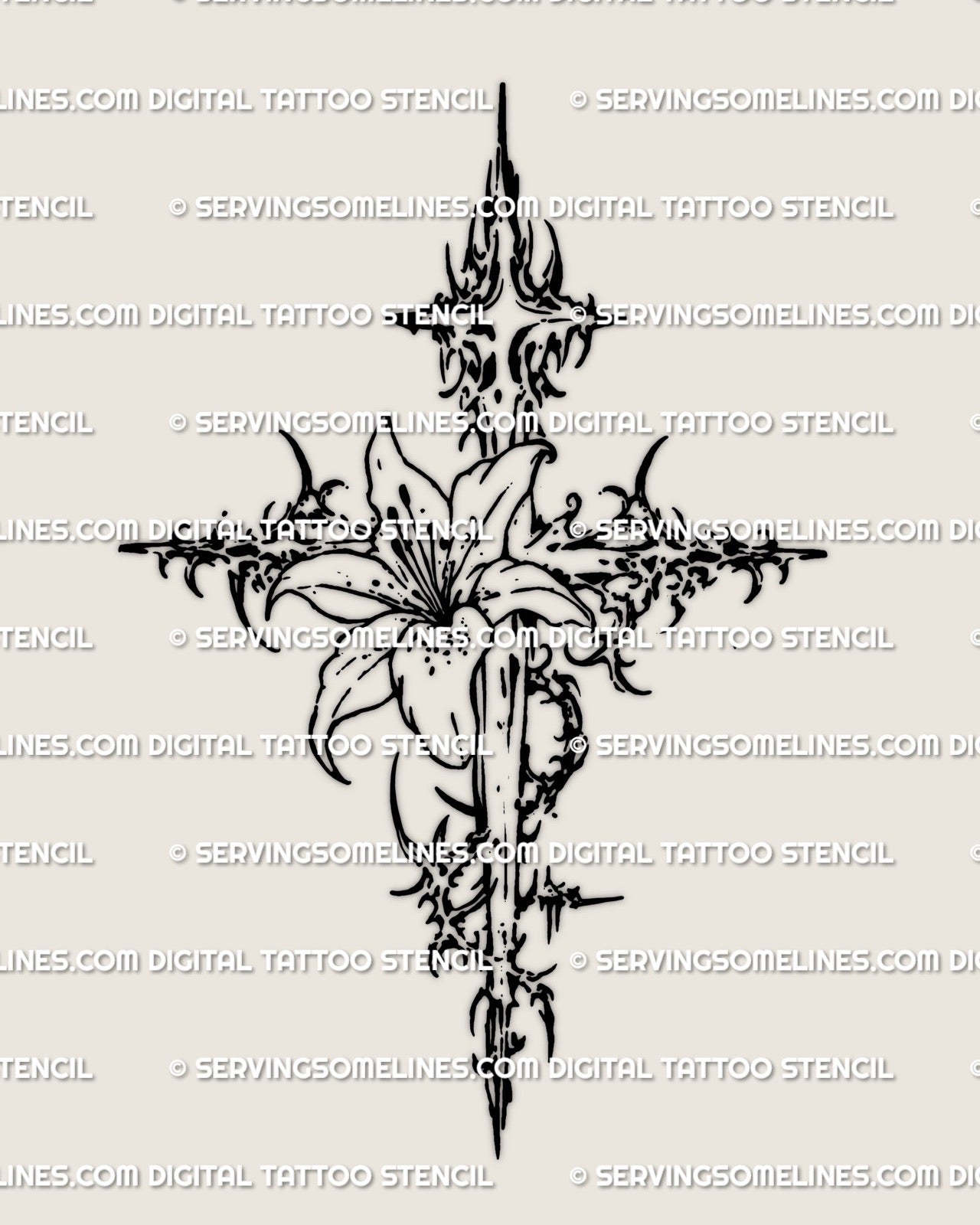 Cybersigilism cross tattoo stencil featuring a sharp sigil style cross with lily floral center, clean neotribal linework, digital tattoo design