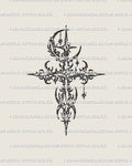 Cybersigilism cross tattoo stencil with crescent moon and star accents, clean linework design shown as a digital tattoo stencil product.
