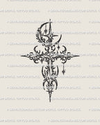 Cybersigilism cross tattoo stencil with crescent moon and star accents, clean linework design shown as a digital tattoo stencil product.