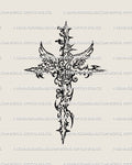 Cybersigilism Cross Tattoo Stencil – a decorative and detailed ornamental cross with abstract rose, thorn and vine motifs 