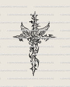 Cybersigilism Cross Tattoo Stencil – a decorative and detailed ornamental cross with abstract rose, thorn and vine motifs 