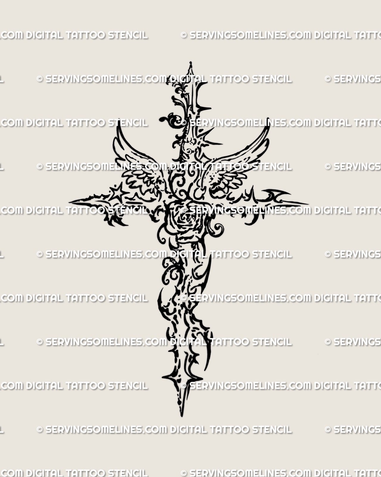 Cybersigilism Cross Tattoo Stencil – a decorative and detailed ornamental cross with abstract rose, thorn and vine motifs 