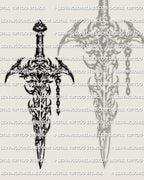 Cybersigilism dagger tattoo stencil design preview, cyber flow blade silhouette, printable PNG JPEG PDF download