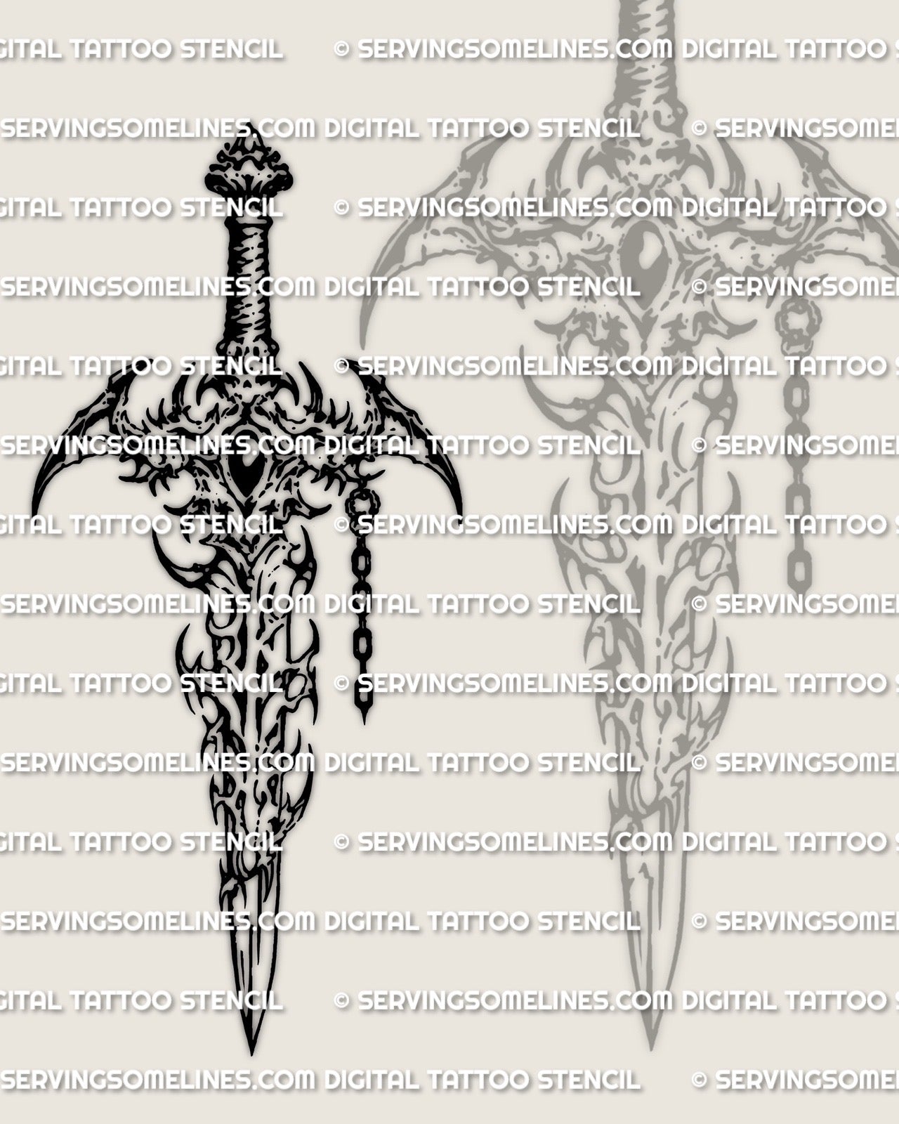 Cybersigilism dagger tattoo stencil design preview, cyber flow blade silhouette, printable PNG JPEG PDF download