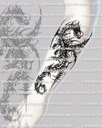 Forearm placement preview for cybersigilism dragon tattoo stencil, vertical dragon arm layout for tattooer use