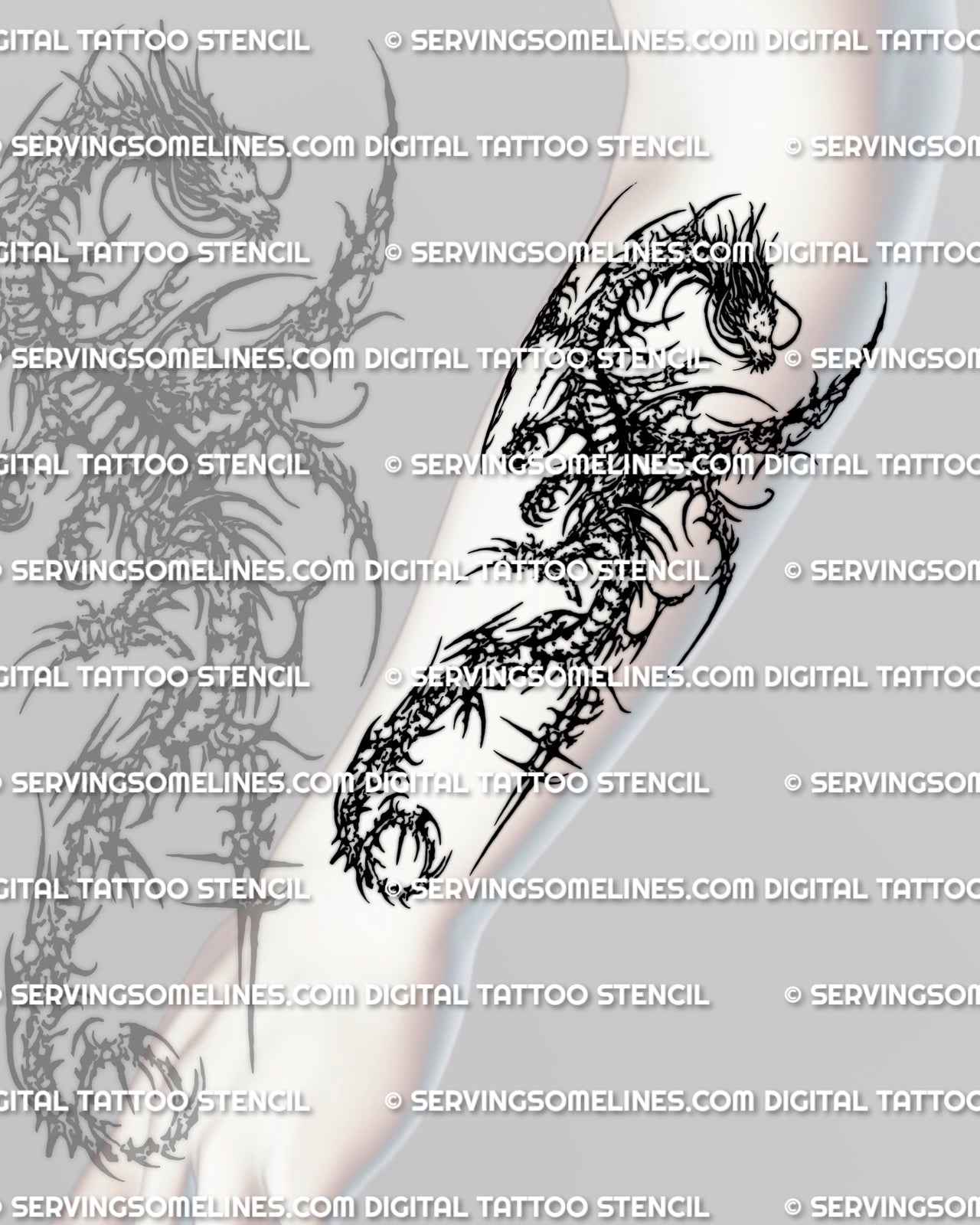 Forearm placement preview for cybersigilism dragon tattoo stencil, vertical dragon arm layout for tattooer use