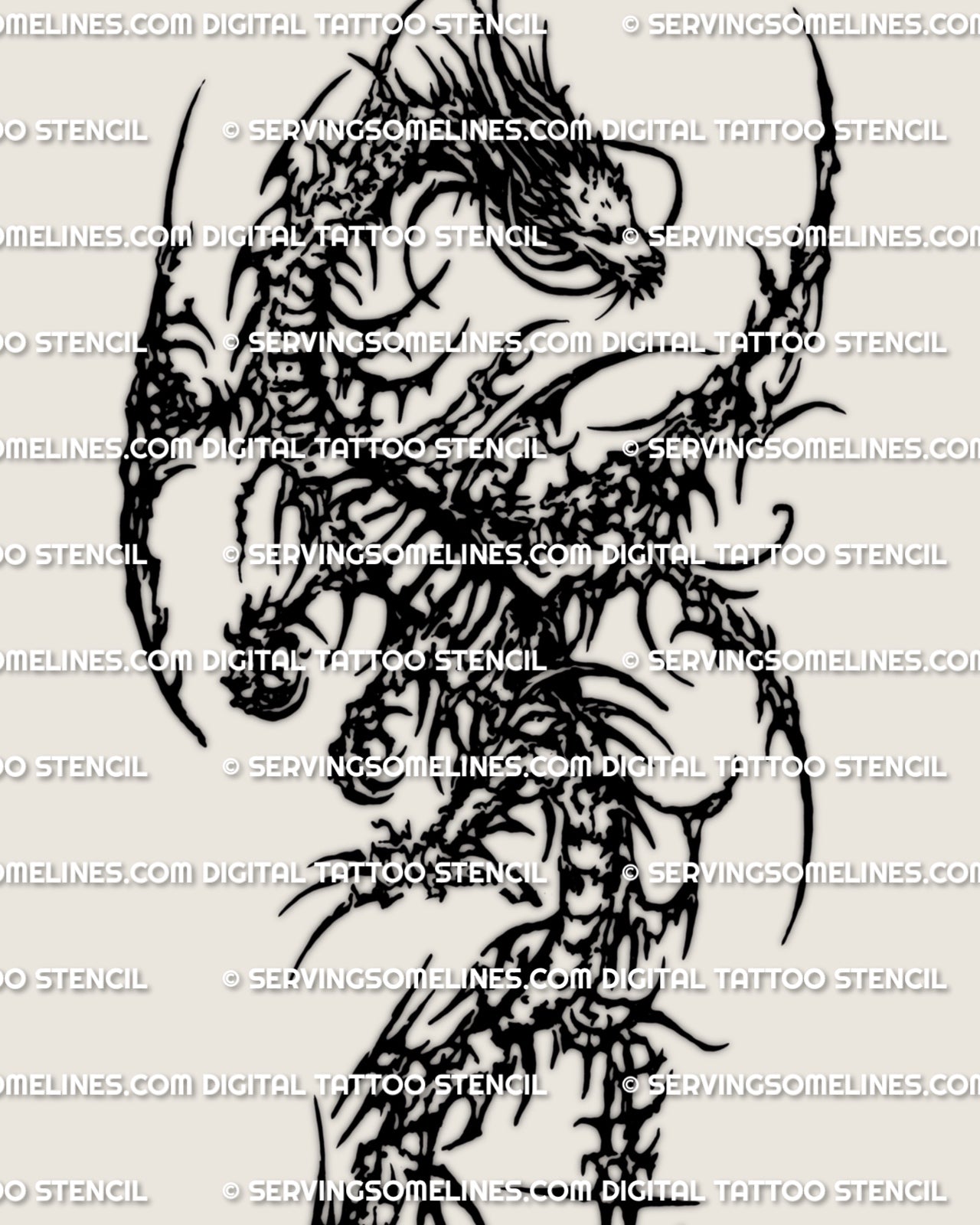 Cybersigilism dragon forearm tattoo stencil download, long vertical dragon design file for clean stencil printing