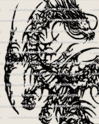 Close view of cybersigilism dragon stencil linework, cyber-sigil cuts for crisp tattoo transfer and print