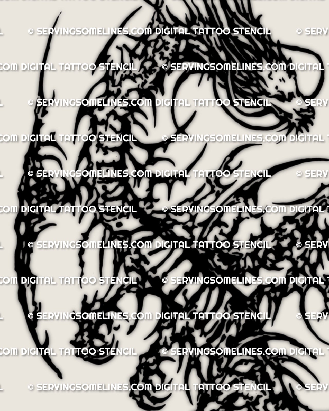 Close view of cybersigilism dragon stencil linework, cyber-sigil cuts for crisp tattoo transfer and print