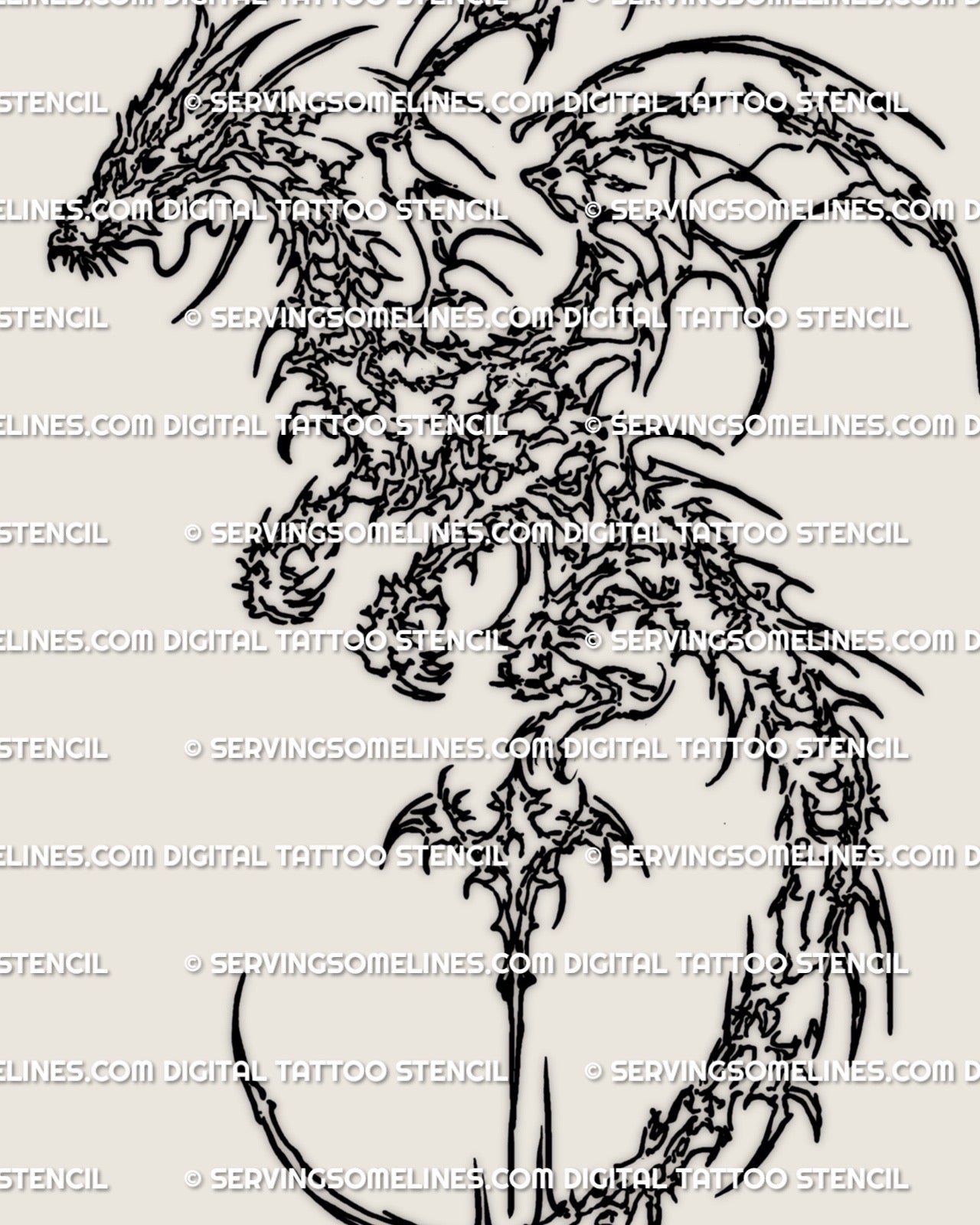 Cybersigilism dragon tattoo stencil with abstract neotribal linework, digital tattoo design built for clean stencil transfer