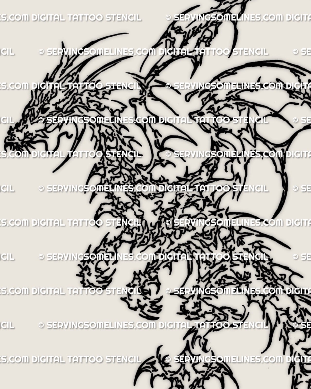 Close-up detail of a cybersigilism dragon tattoo stencil showing abstract linework structure for precise tattoo transfer