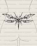 Cybersigilism dragonfly tattoo stencil shown on female lower back with segmented wings and long center body