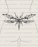 Cybersigilism dragonfly tattoo stencil shown on female lower back with segmented wings and long center body