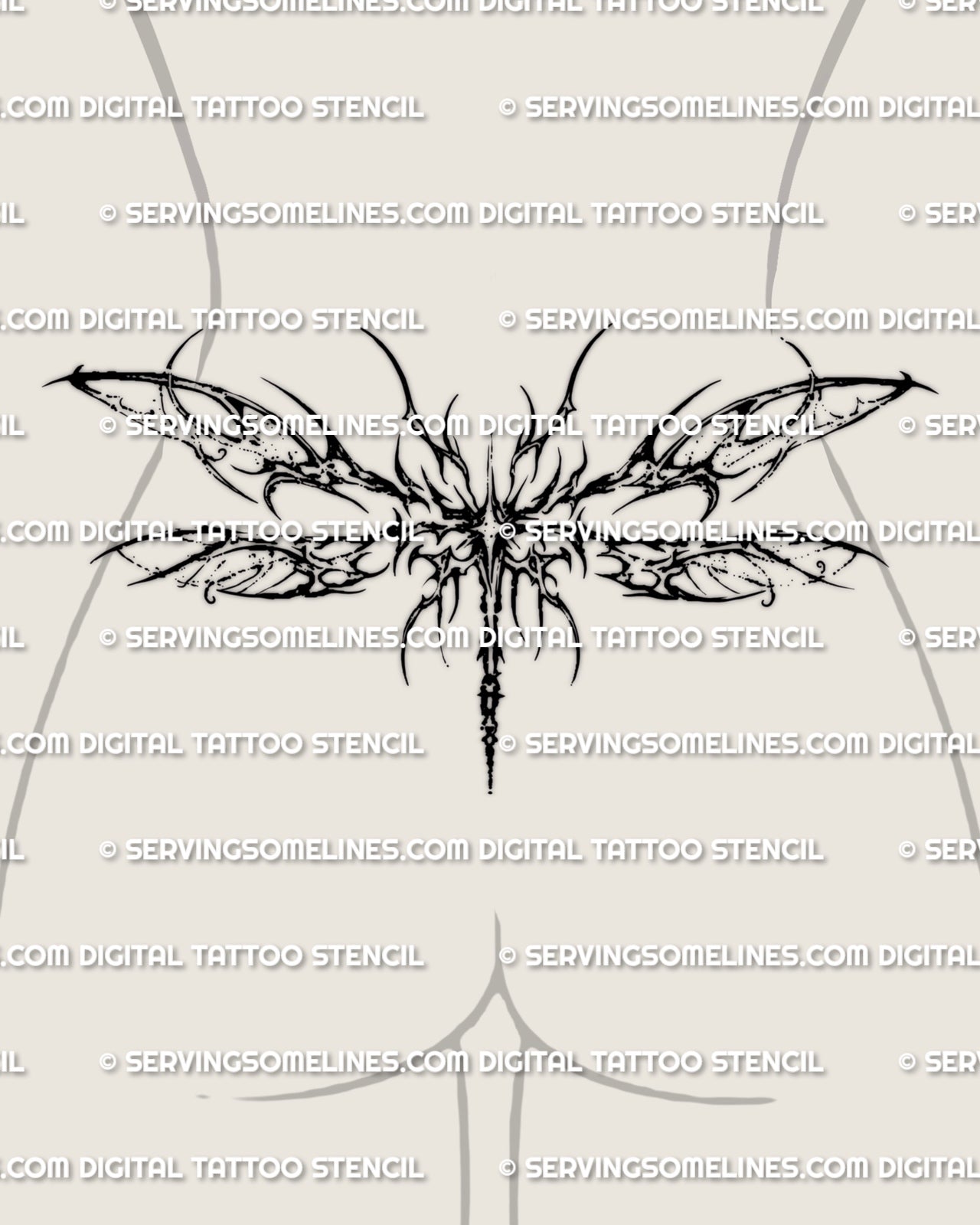 Cybersigilism dragonfly tattoo stencil shown on female lower back with segmented wings and long center body