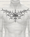 Cybersigilism eye chest tattoo shown on men’s chest placement with a central eye and sharp collarbone-reaching spread