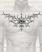 Cybersigilism eye chest tattoo shown on men’s chest placement with a central eye and sharp collarbone-reaching spread