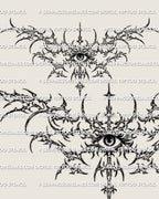 Cybersigilism eye chest tattoo stencil design with a central eye, sharp cyber structure, and chest-piece silhouette