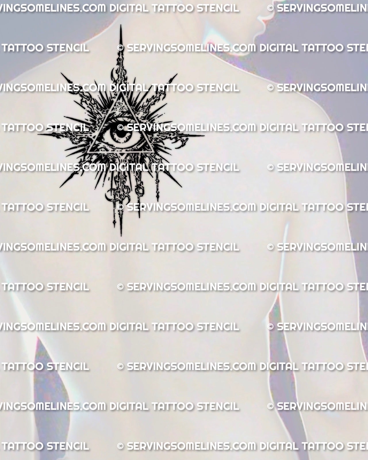 Cybersigilism eye emblem stencil displayed on mens upper back near neck placement preview, triangle-based symbolic design with printable files.