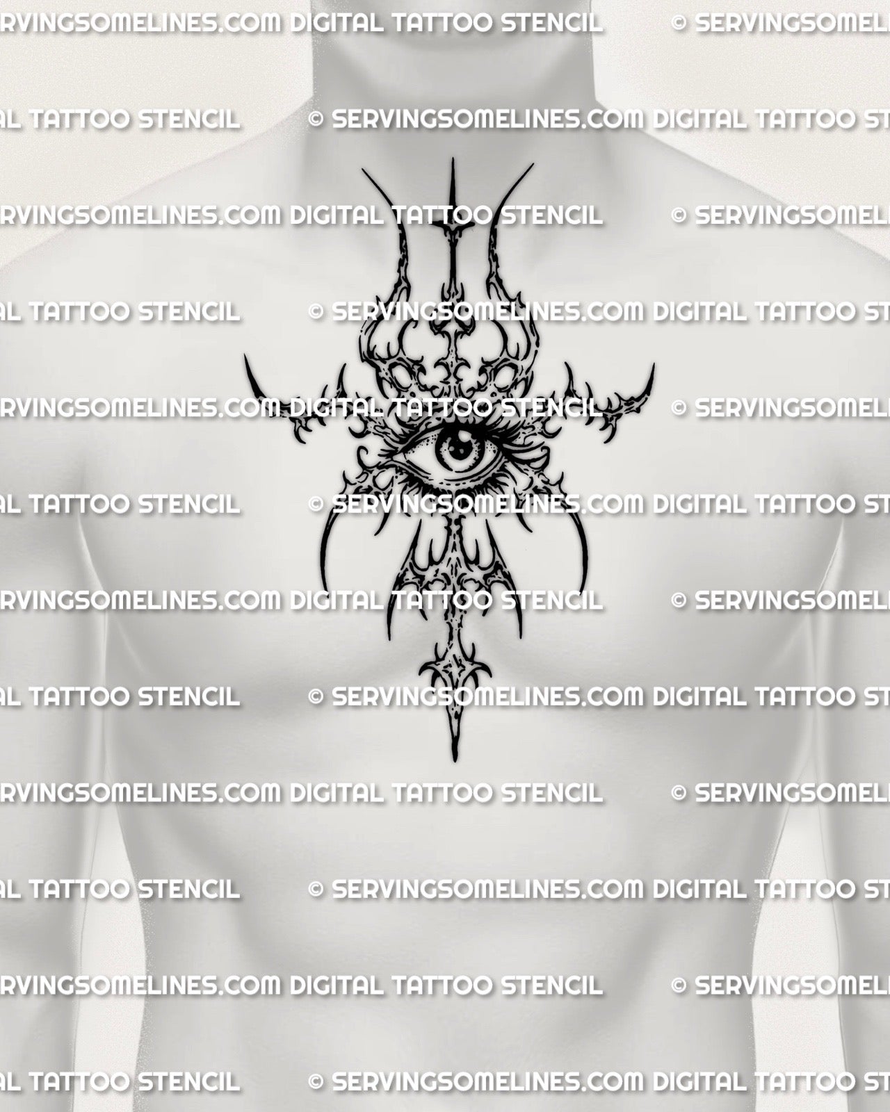Cybersigilism eye emblem stencil shown on mens chest center placement example, sharp symbolic tattoo design with files.