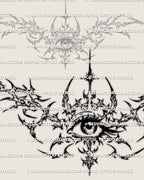 Close detail of cybersigilism eye lower back tattoo showing the central eye, sharp cyber structure, and symmetrical spread